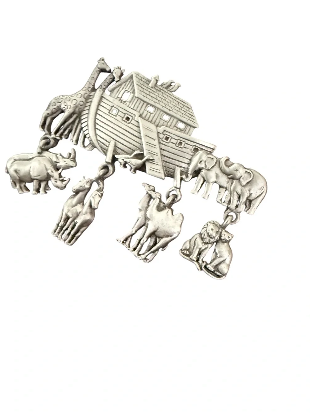 Vintage JJ Noah’s Ark Animal Dangle Brooch Pewter Tone Statement Pin Whimsigoth